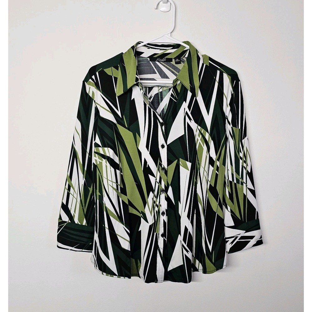 Essentials By Milano Women's XL V-neck Button Down Blouse 3/4 Sleeve Stretch EUC